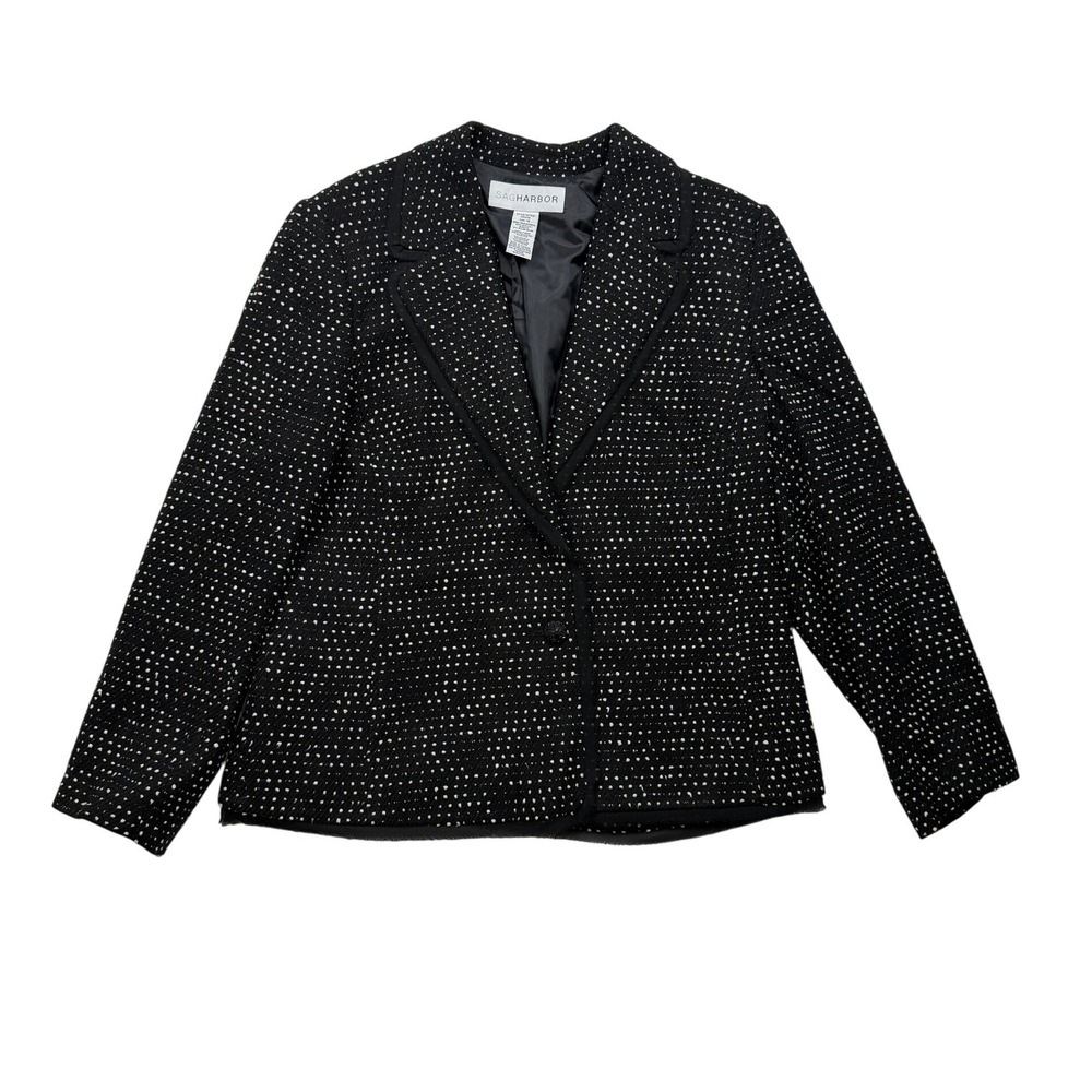 Sag Harbor Black White Dot Tweed Blazer Size 14/16 Lined Career Jacket Fringed